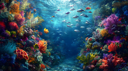 Naklejka premium A Captivating Sight of a School of Shimmering Silver Fish Gliding Through Pristine Waters in Perfect Harmony with Their Surroundings