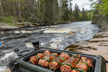 Obraz premium A grill with meat and vegetables on it is set up next to a river