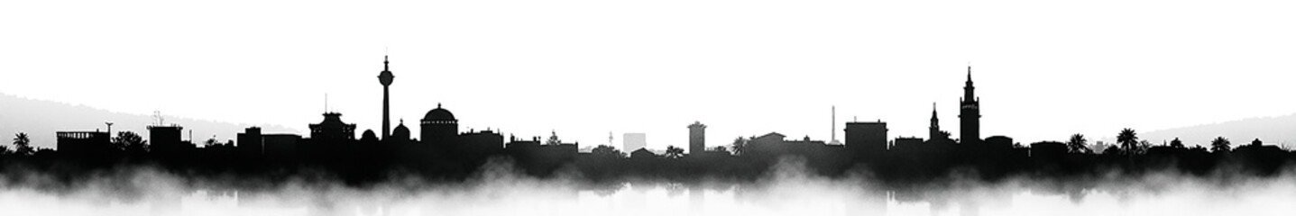 A dramatic black and white silhouette of a city skyline reflecting on water, shrouded in mist.
