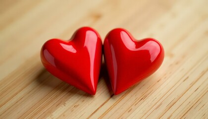 Fototapeta premium Two Red Heart Objects on Wood Surface, Love Concept