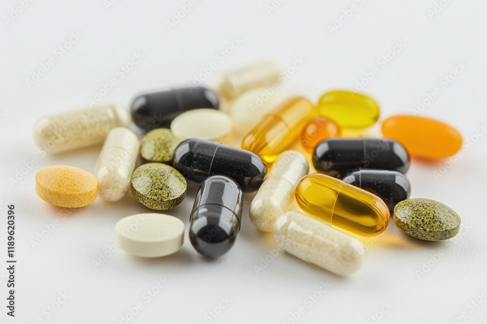 Aufkleber Colorful assortment of pills and capsules scattered on a light surface showcasing various sizes and shapes. Generative AI