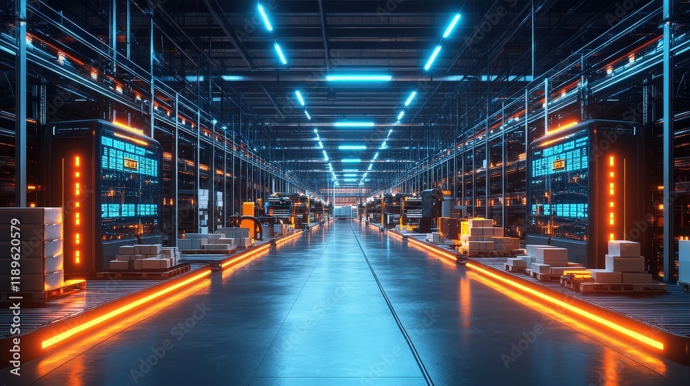 Poster an advanced warehouse operates with ai technology and autonomous robots navigating the aisles. the f
