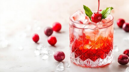 red cherry in the glass with ice cubes