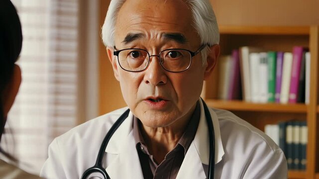 Older Male Asian family medical doctor wearing glasses with a concerned look on his face talking to a woman who is out of focus in the foreground in a modern doctor's office.