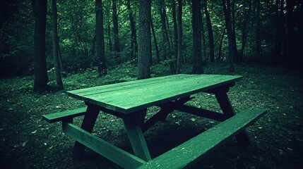 Fototapeta premium Dark Green Picnic Table in Mysterious Forest