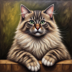Fototapeta premium A realistic and vibrant portrait of a fluffy tabby cat with striking green eyes, resting its paws on a wooden surface.