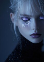 Close-up portrait of a young woman's face. she has blonde hair that is styled in loose waves and falls over her shoulders. her eyes are closed and her lips are painted a deep purple color.