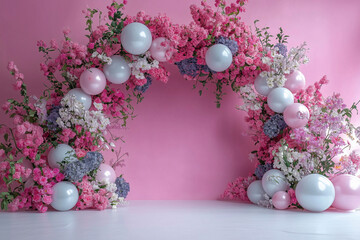 Digital party backdrop with balloon arch, floral arch, wedding backdrop, party background, balloons, drapery, dried flowers, Boho, composite backdrop 