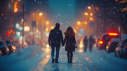 Couple holding hands, walking through snowy city street at night.