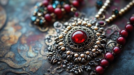 Close-up of ornate necklace with red gemstone pendant.