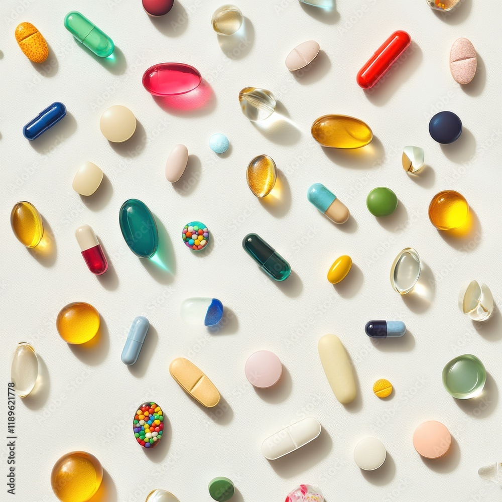 Leinwandbilder diverse assortment of colorful pills and capsules arranged on a light surface for health and wellnes