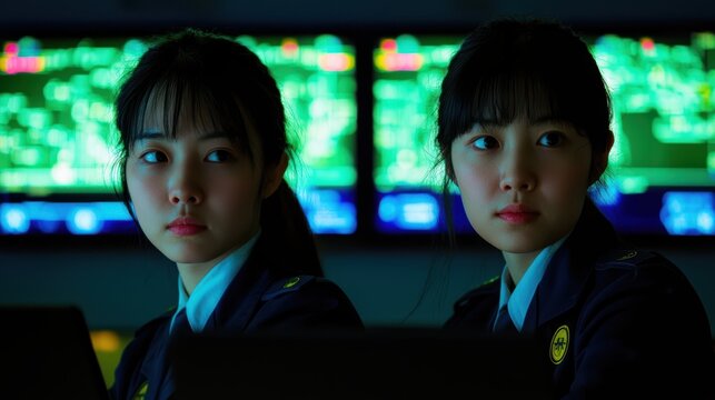 Asian young females in uniform at control center with monitors in background