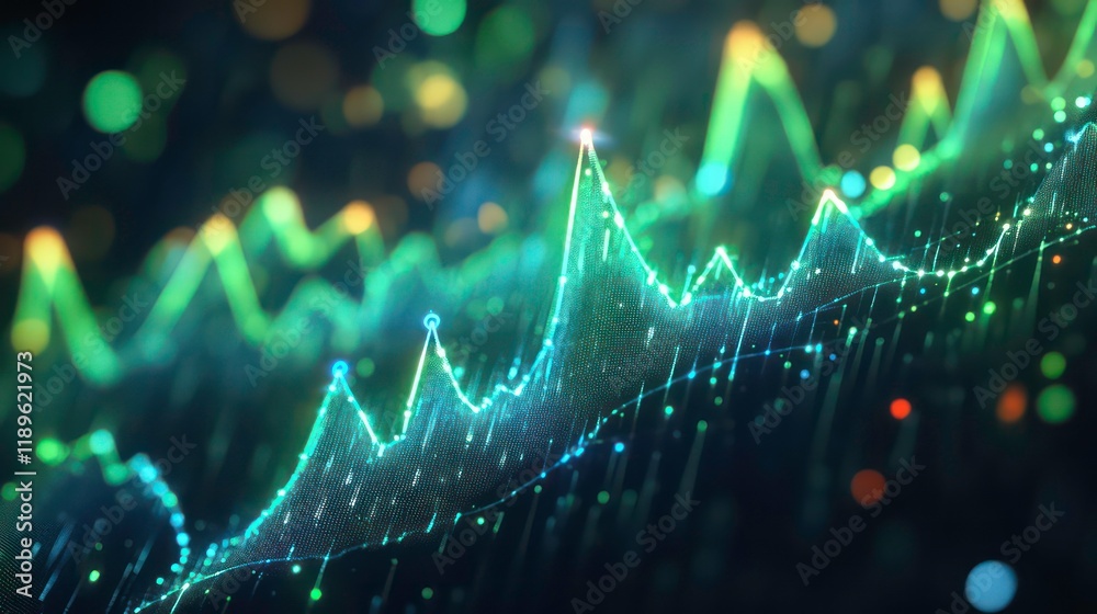 Poster abstract glowing green data graph rising upward, showing growth and progress.