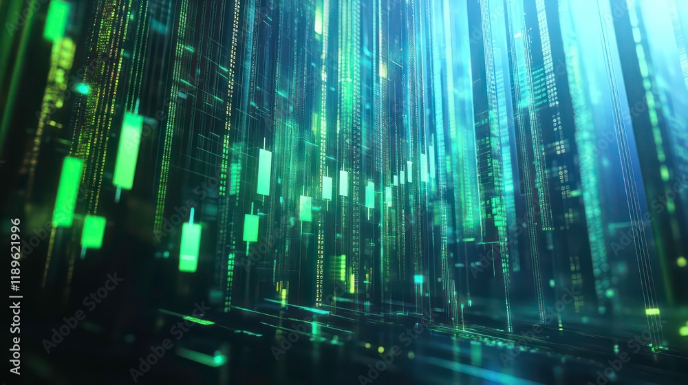 Aufkleber Abstract digital city skyline with glowing green and blue data streams and financial candlestick charts.