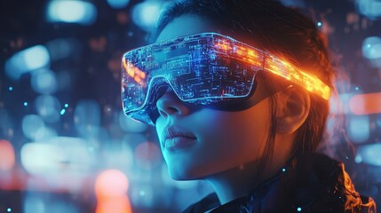 A person wearing advanced AI-powered eyewear engages with a vibrant digital environment. The device facilitates real-time language translation, bridging communication gaps effortlessly