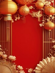Festive Red Gold Chinese New Year Background with Lanterns Fans