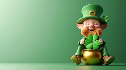 A 3D render of a cheerful leprechaun sitting on a golden pot, holding a large clover