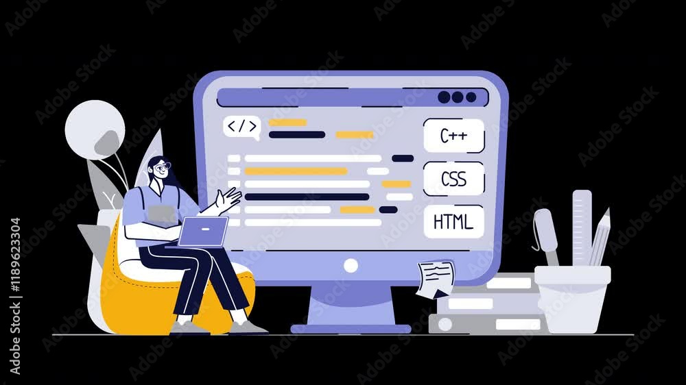 Poster a european female programmer working on a laptop in front of a large computer screen displaying code