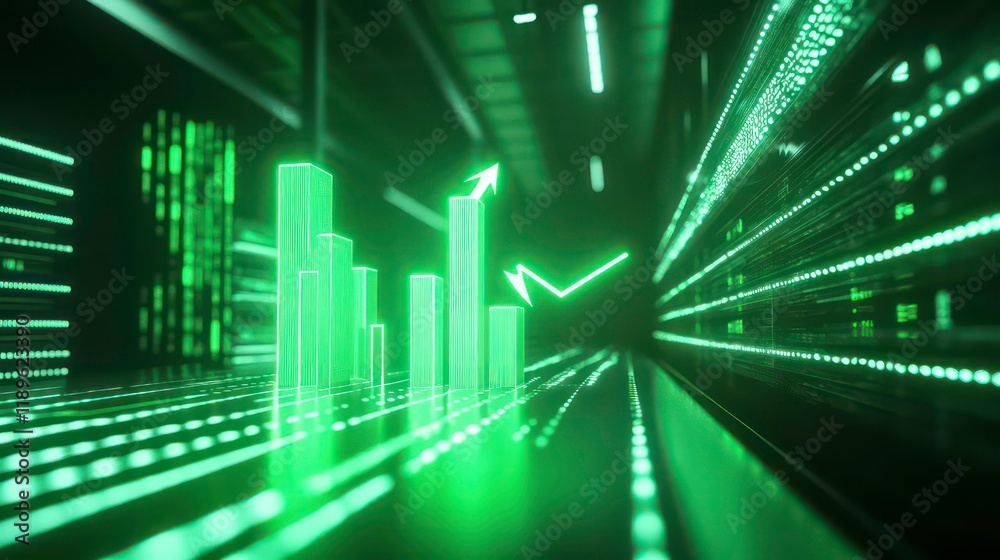 Poster futuristic green glowing bar graph rising in a digital tunnel, showing growth and progress.