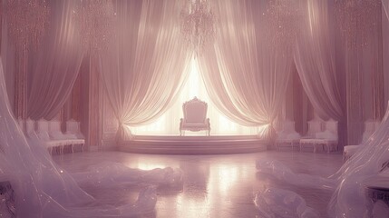 A grand, ethereal room featuring a throne, draped fabrics, and soft lighting.