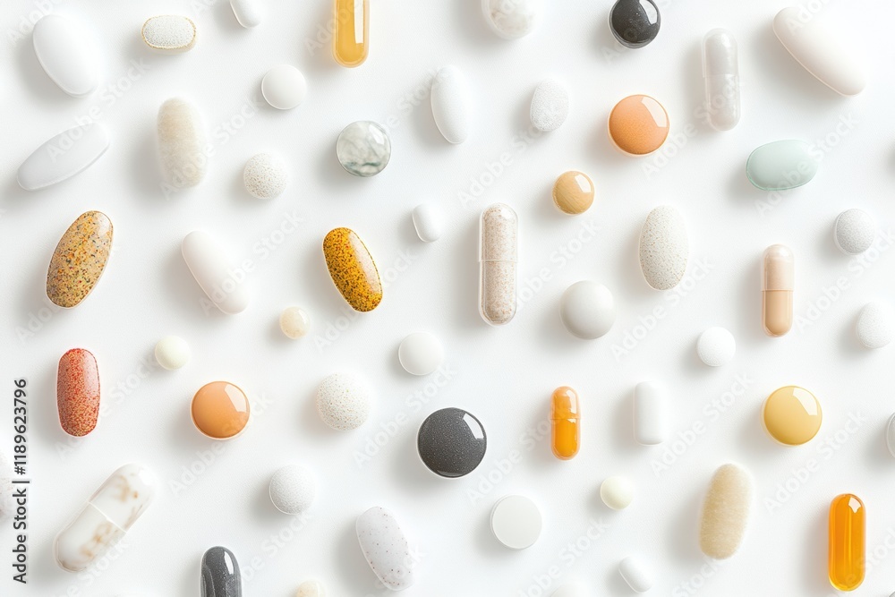 Aufkleber colorful assortment of pills and capsules on a white background showcasing diverse shapes and sizes.