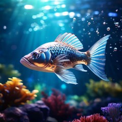 Obraz premium aquarium fish in a dark blue water with colorful background