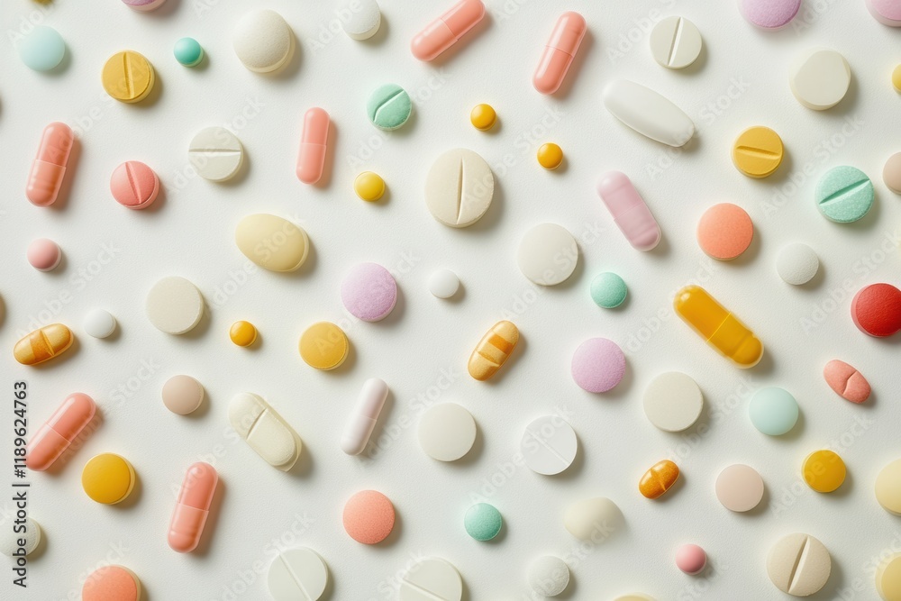 Fototapete Colorful assortment of pills and capsules arranged on a flat surface showcasing various shapes and sizes. Generative AI