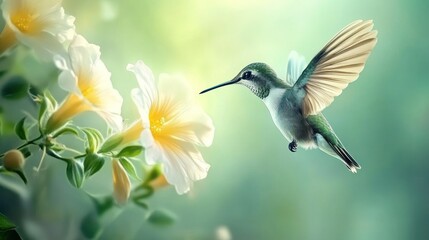 Hummingbird in flight, feeding on white flower.