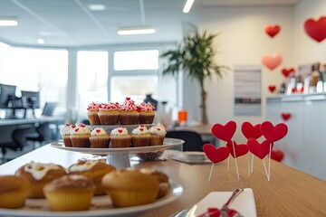 Valentine's Day office lunch with heart-shaped cupcakes and festive decorations – joyful atmosphere of collaboration and celebration.