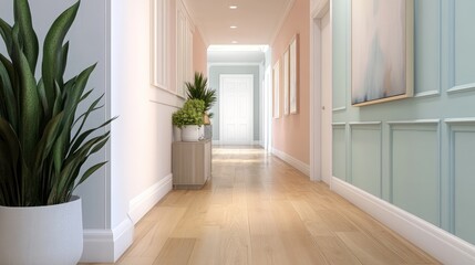 Light pastel hallway with plants, wood floor, and wall decor.