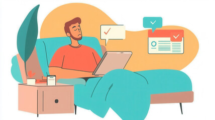 A person working comfortably on a laptop while sitting on a couch, surrounded by notifications and a plant, suggesting a cozy home office environment.