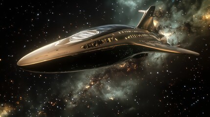 Futuristic spaceship soaring through a nebula, stars, and cosmic dust.