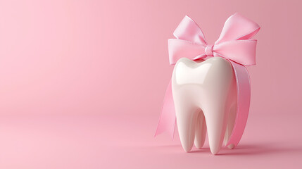 White tooth with pink ribbon and bow on pastel pink background for dental clinic promotion