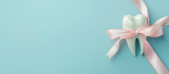 Obraz premium Glossy white tooth tied with pink ribbon on bright blue background for dental clinic theme