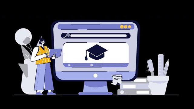 A modern illustration depicting a person holding a tablet next to a computer screen featuring an academic cap, representing education.