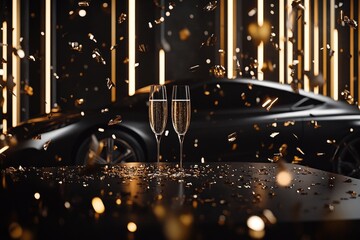 Two champagne flutes filled with bubbly sit on a dark table, scattered with gold confetti, in front of a luxury black car