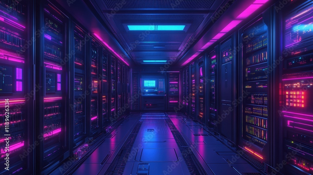 Poster an advanced autonomous data hub features glowing server stacks illuminated in vibrant colors. the hi