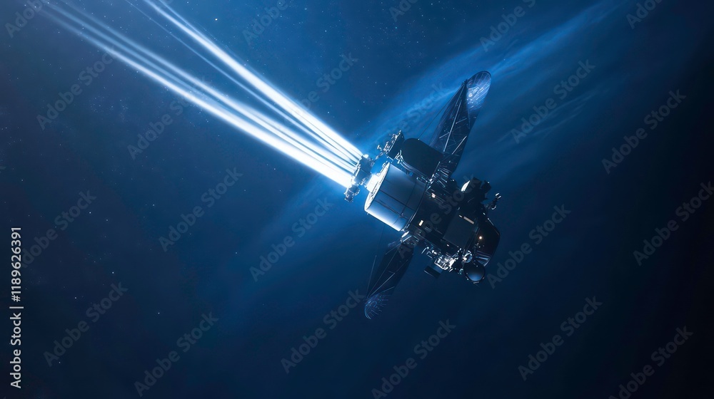 Poster spacecraft in deep space with bright light trails.