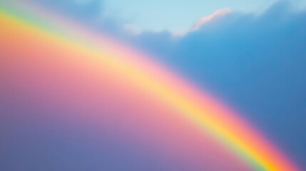 Vibrant rainbow arc in pastel sky after rain.