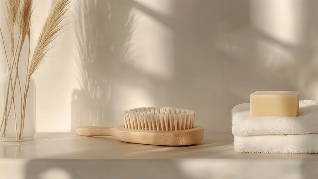 Minimalist bathroom essentials with natural bristle brush and soap on towels