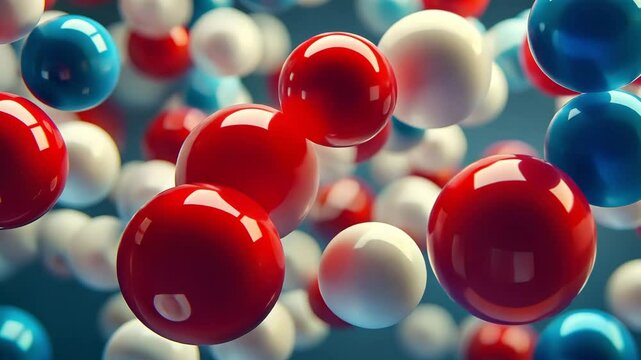 Abstract bouncing red and white balls. Transition of 3d spheres. Shining bubbles.