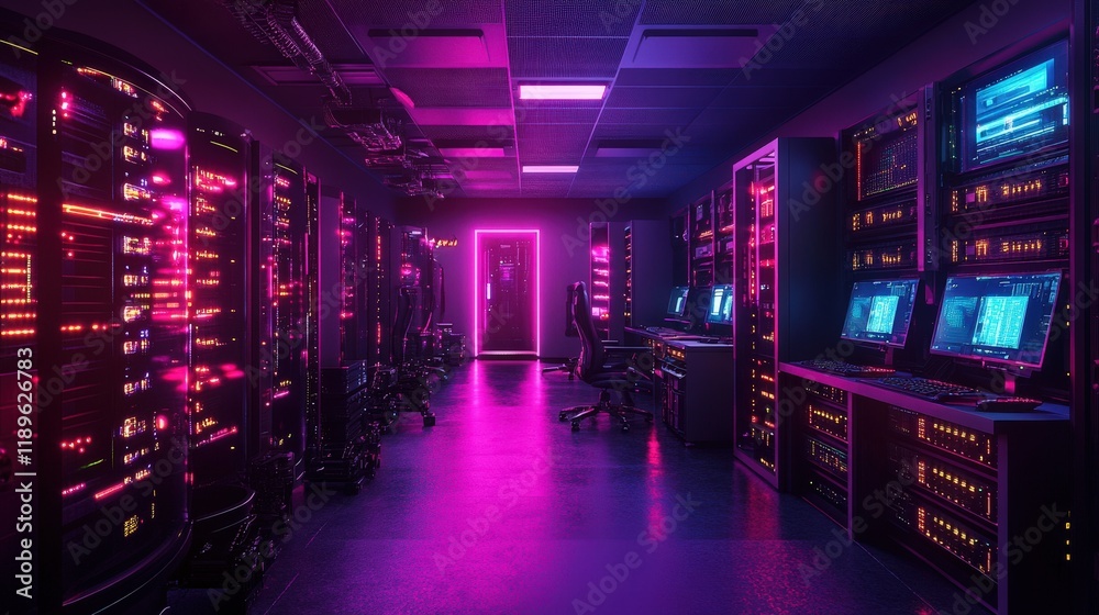 Poster an autonomous data hub features glowing server stacks arrayed in a dark room, illuminated by vibrant