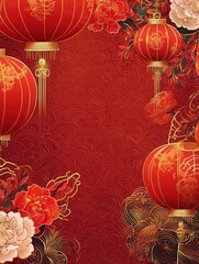 Festive Red Lanterns Flowers Asian Design Chinese New Year Background