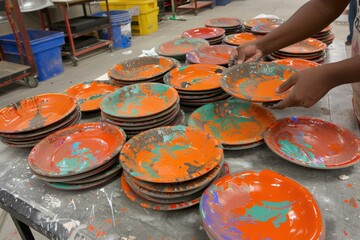 A person is holding a stack of orange and green plates