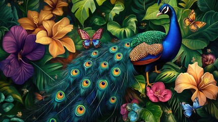 A vibrant peacock amidst colorful flowers and butterflies in a lush tropical setting.