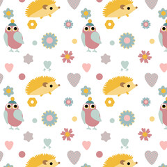 Obraz premium pattern con graziosi animali del bosco, gufo, riccio e fiiorellini, colori pastello