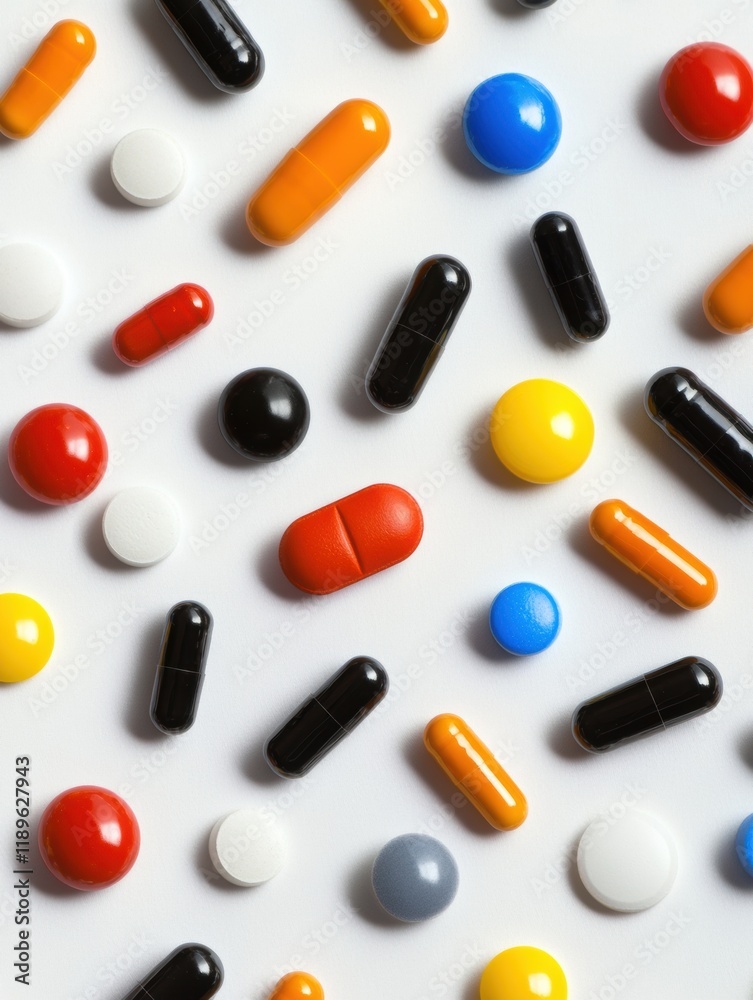 Aufkleber colorful assortment of various pills and capsules arranged on a neutral background. generative ai