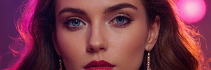 Obraz premium A woman with long, wavy hair adorned with vibrant pink highlights, set against a colorful, glowing background.