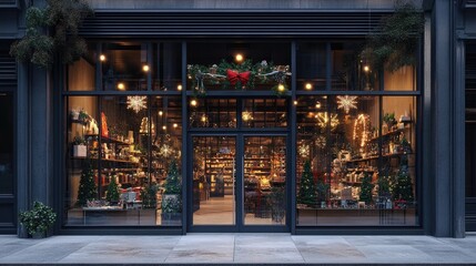 An inviting storefront with large glass windows, featuring seasonal decorations and eye-catching displays,