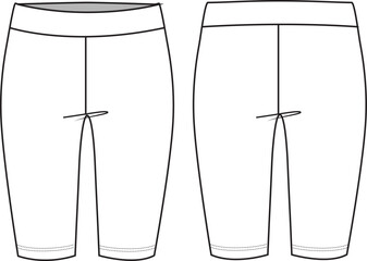 Unisex Cycling Shorts- Technical fashion illustration. Front and back, white colour. Unisex CAD mock-up.